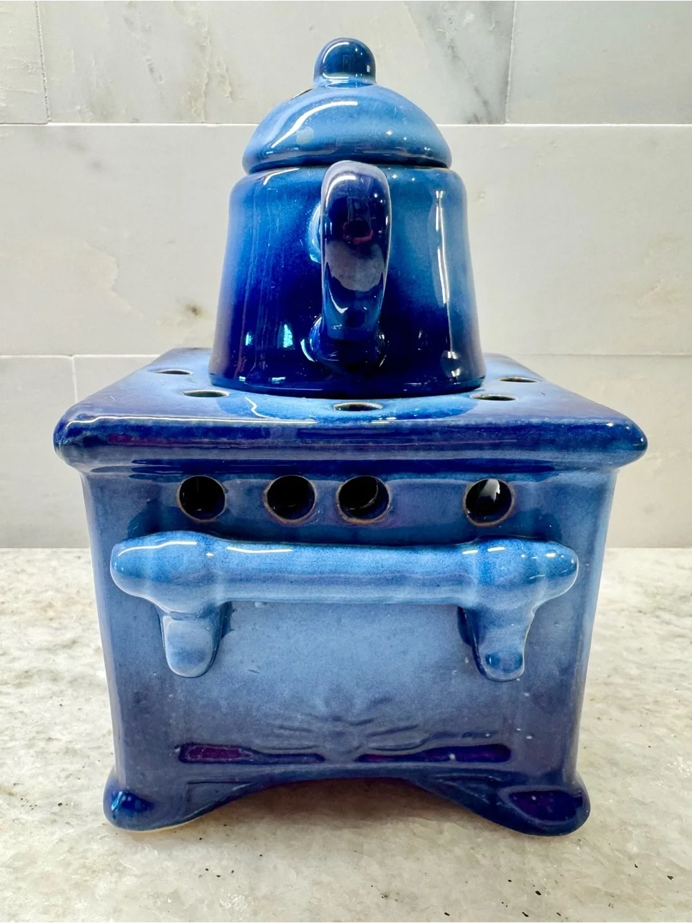 New Rustic Blue Ceramic Stove & Tea Pot Tea Light Candle Oil Warmer Diffuser 6”